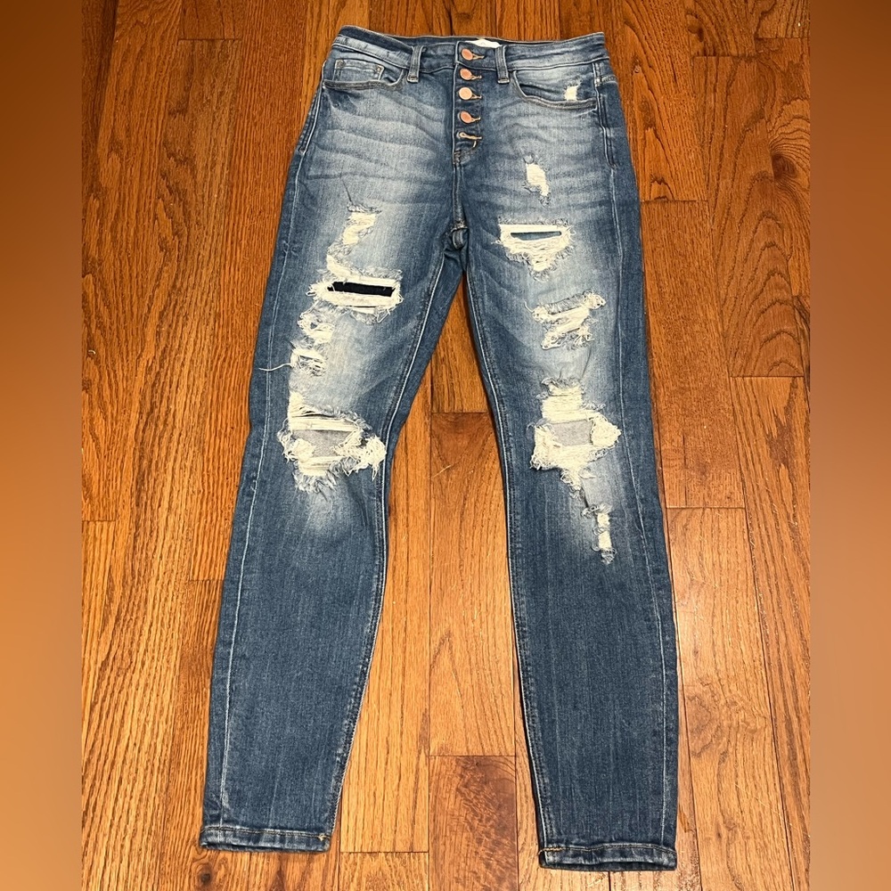Kancan Estilo Kurvy Ultra High Rise Ankle Skinny Distressed Jeans Button Fly 27